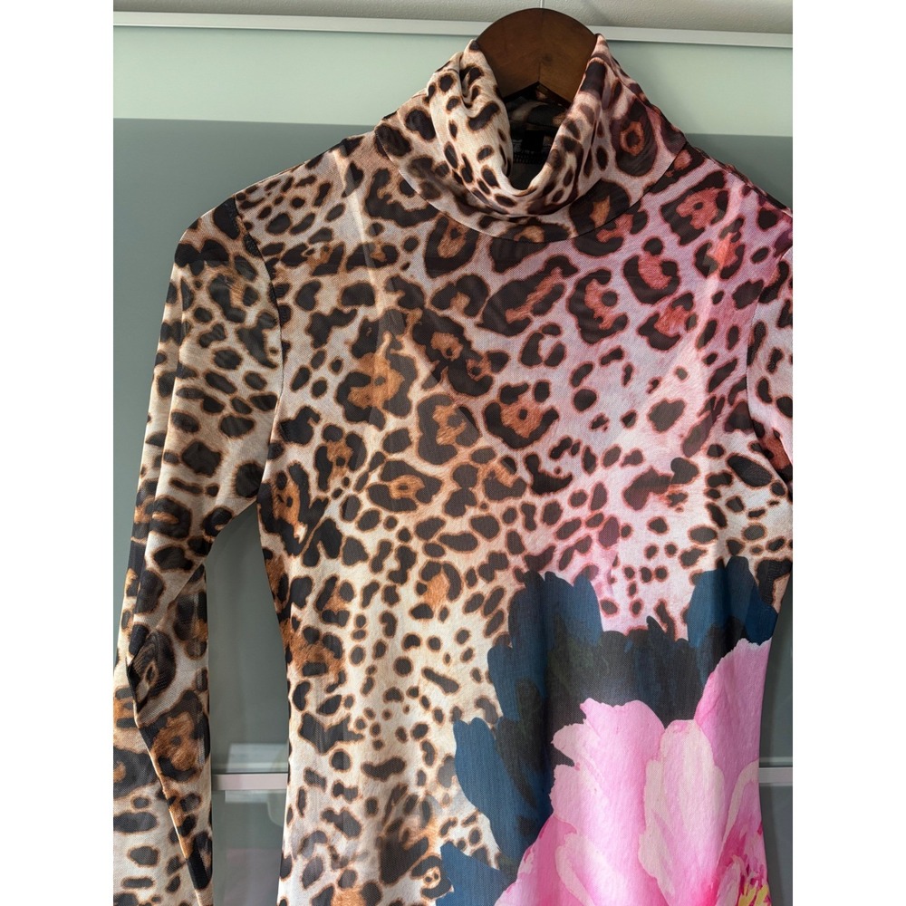 AFRM Shailene Mesh Dress Leopard Floral Print Long Sleeve Small Edgy Sheer Body - Picture 7 of 16